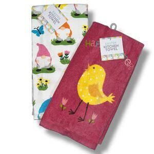 Easter Kitchen Towels Set of 2 Spring Gnomes and Parade Chicks Cotton 16 x 26